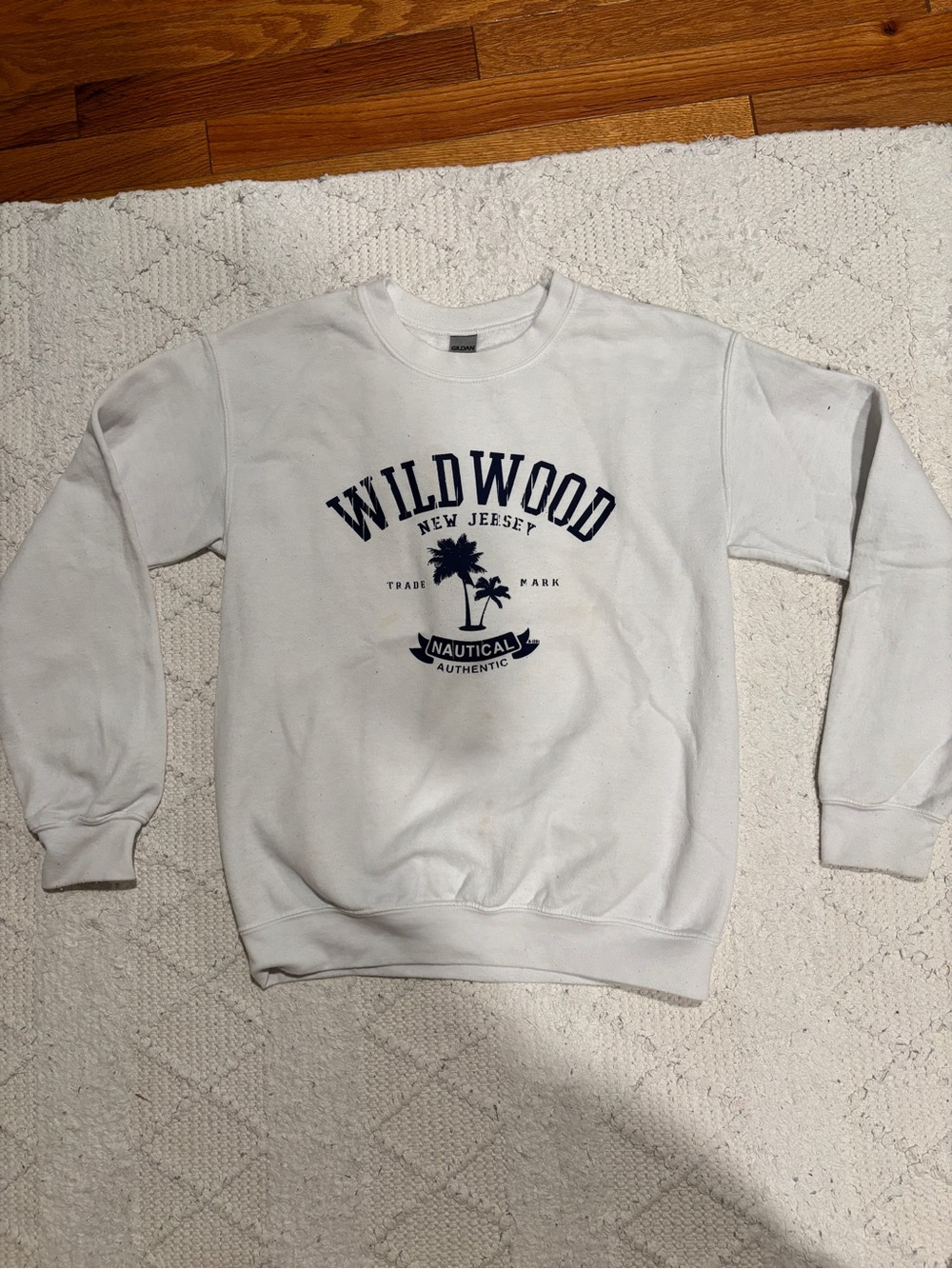 Gildan White Crewneck Sweatshirt with Navy Wildwood Graphic